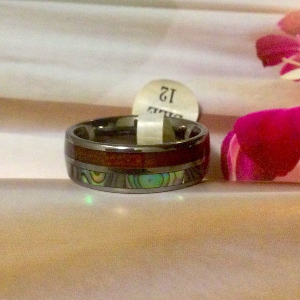 Big Sale,Koa Wood and Abolani inlaid with Tungsten’s ring.8MM Size 12”